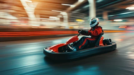 Foto op Plexiglas homme faisant du karting sur un piste à pleine vitesse avec casque et combinaison de pilote © Sébastien Jouve