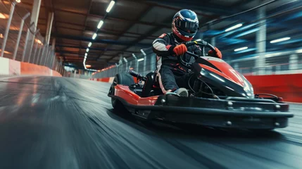 Foto op Plexiglas homme faisant du karting sur un piste à pleine vitesse avec casque et combinaison de pilote © Sébastien Jouve