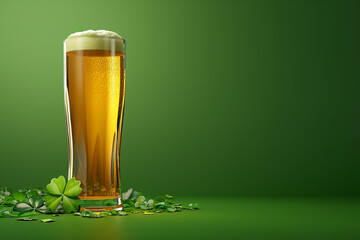 Glass of beer with shamrock clover leaves on a green background for St Patrick Day celebration.