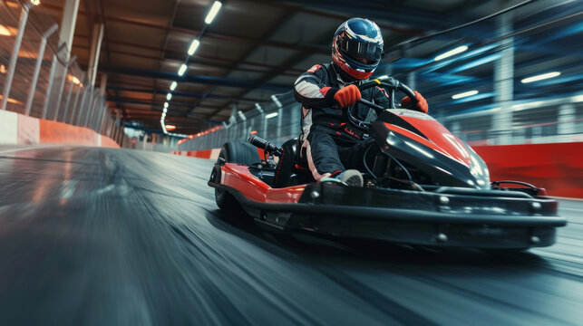 homme faisant du karting sur un piste &agrave; pleine vitesse avec casque et combinaison de pilote