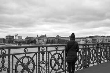 woman looking panorama from the Iconic green iron bridge in Budapest, spanning the Danube River. Architectural elegance merging with historical charm - 707130722