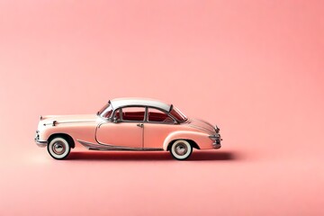 Model retro toy car placed on a pink peach background. Miniature car with ample copy space around it for text or design elements.