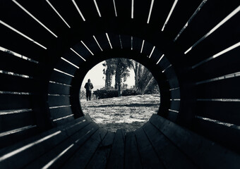 Abstract silhouette in a tunnel, featuring intriguing geometric shapes: a mysterious journey into...