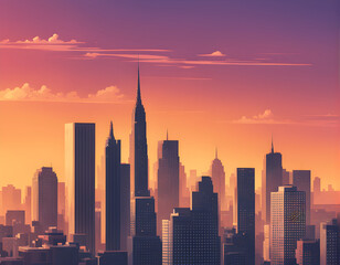 Illustration of a city skyline in intense pink and orange colors