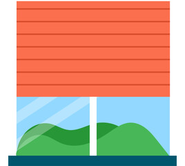 Orange wooden signpost without text in green hills landscape under blue sky. Signboard standing in nature park vector illustration.
