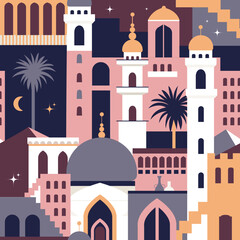 Seamless pattern with Arabic style cityscape, stars, palms and moon. Middle Eastern town pattern. East culture geometric shape background with buildings, architecture, and urban elements.