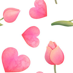 Watercolor delicate seamless pattern with pink tulips and cute hearts. perfect background for festive wrapping paper for Valentine's Day, international Women's Day, Mother's Day. Print for fabrics