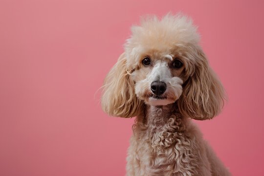 Studio portrait of a brown poodle sitting against a pink background with space for text