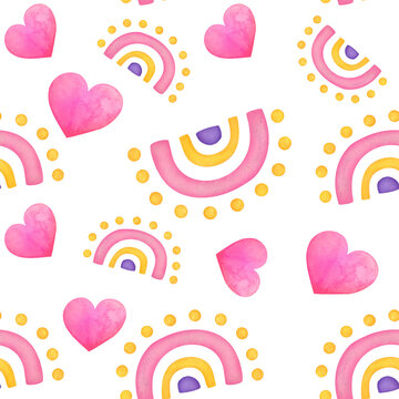 cute watercolor childish Seamless pattern with rainbow, pink hearts in pastel colors on transparent background. perfect for nursery posters, children's fabric, prints. nice scrapbooking wallpaper