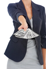 Hands of business woman with cash, dollars and bonus prize giveaway isolated on white background....