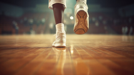 Basketball player feet, view from ground. Blurred background of parquet floors