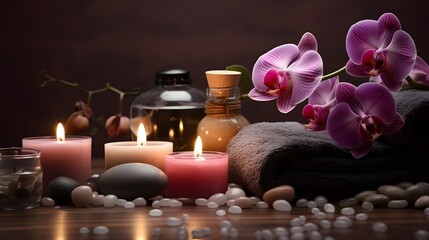Obraz na płótnie Canvas Aromatherapy, spa, beauty treatment and wellness background with massage pebbles, orchid flowers, towels, cosmetic products and burning candles.
