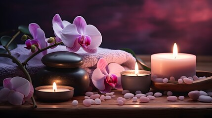 Obraz na płótnie Canvas Aromatherapy, spa, beauty treatment and wellness background with massage pebbles, orchid flowers, towels, cosmetic products and burning candles.