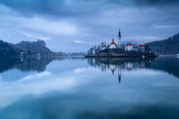Lake Bled, Slovenia. Cloudy morningon the famous lake in Slovenia. In the background the church.