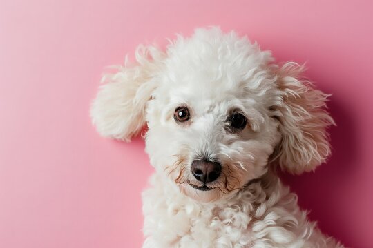 Top view photo of cute white poodle lying on the pink background with space for text