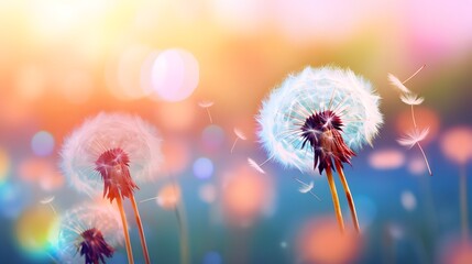 Beautiful dandelion flower with flying feathers on colorful bokeh background. Macro shot of summer nature scene.
 - Powered by Adobe