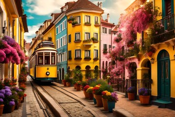 Fototapeta na wymiar A yellow tram trundling along a charming street lined with vibrantly colored houses. Each balcony is adorned with blooming flowers, adding a splash of color and charm to the picturesque scene.