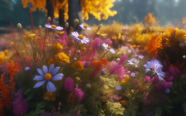 Fototapeta na wymiar Colorful flowers blooming in the meadows in spring.