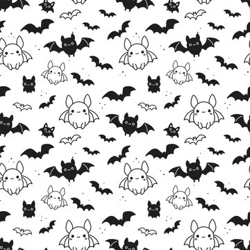 Seamless pattern featuring whimsical black bats on a white background, perfect for Halloween-themed designs and decorations. Playful vector illustration