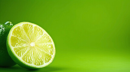 Half of lime on green background. copy space