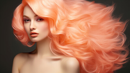 Fototapeta premium Portrait of young woman in soft peach pastel colors with natural make-up