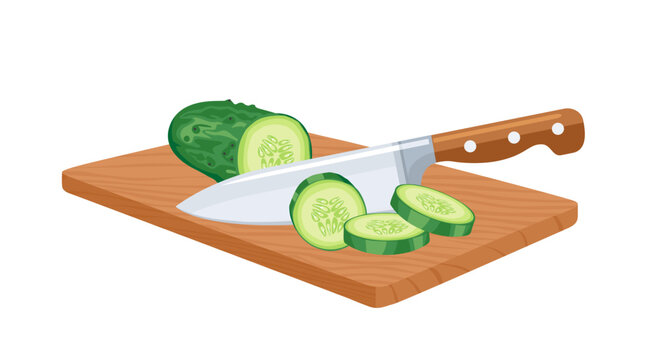 Sliced green cucumber with knife on cutting board. Cooking concept. Vector cartoon illustration of fresh vegetables.