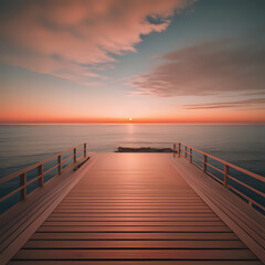 Fototapeta premium high angle shot of a wooden deck on the shore leading to the sea at sunset - generated by ai