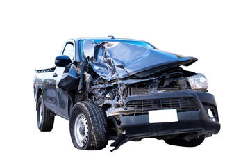 Front and Side view of black pickup truck car get damaged by accident on the road. damaged cars...