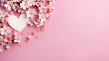 Bouquet of beautiful spring flowers and paper hearts on pastel pink table for Happy mothers day. Flat lay.
 - obrazy, fototapety, plakaty
