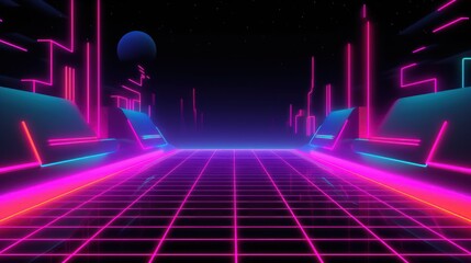 Futuristic retro 80s landscape.Futuristic retro 80s landscape. Futuristic illustration in retro style. Retro digital cyber surface. Suitable for design in the style of the 80s. AI generated