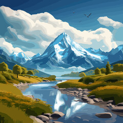 An illustrative image featuring mountains and nature with a blue and green theme.
