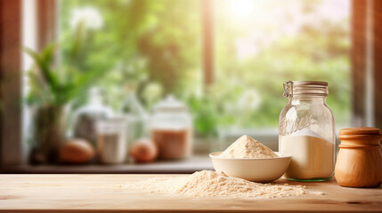 Ingredients for baking on a wooden table on a light background. - obrazy, fototapety, plakaty