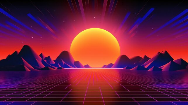 Futuristic retro 80s landscape.Futuristic retro 80s landscape. Futuristic illustration in retro style. Retro digital cyber surface. Suitable for design in the style of the 80s. AI generated