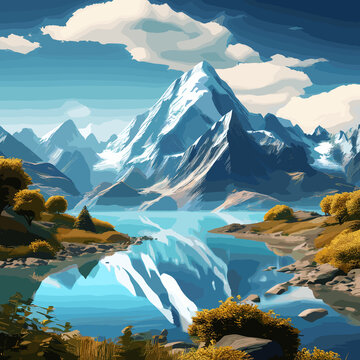 An illustrative image featuring mountains and nature with a blue and green theme. © Tasin