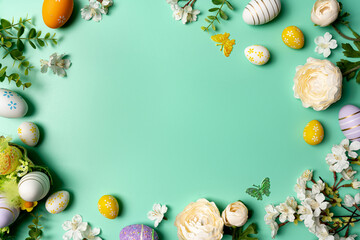 Happy Easter composition for easter design. Elegant Easter eggs and flowers on mint background. Flat lay, top view, copy space.