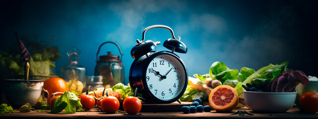 clock and fresh vegetables and fruits on a wooden table. Healthy food.