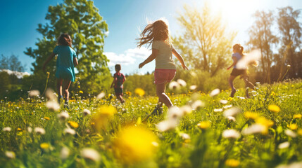 Group of happy preschool children running on summer meadow in park