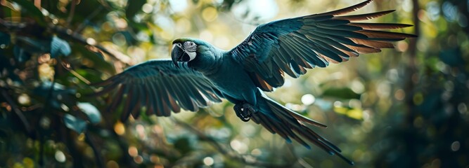 Fototapeta premium Endangered Spix's Macaw Soaring in the Brazilian Amazon
