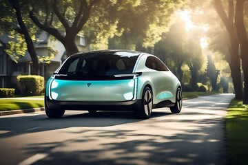 A modern electric car driving on a tree-lined road in a suburban neighborhood.