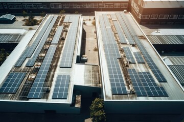 Fototapeta premium Solar panels on a building roof against a city skyline with a clear blue sky, showcasing renewable energy in urban settings.