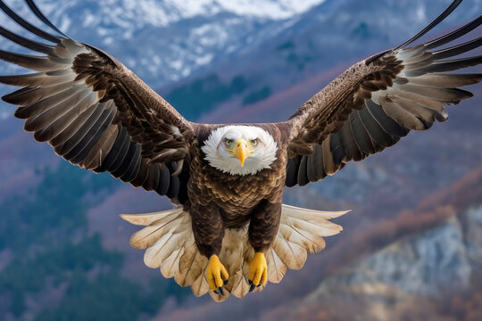 Flying bald eagle with open wings, close-up on a mountainous landscape.