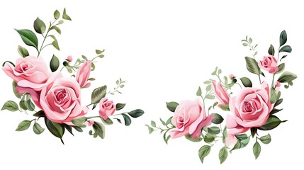 Set of vector bouquets of pink rose. Flowers on white background. All elements are isolated. Elements for wedding design. Corners and borders of pink roses. generative ai - Powered by Adobe