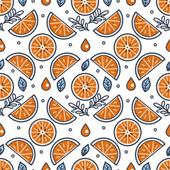 Seamless vector pattern with oranges. Hand drawn background with citrus fruits. Line drawing.