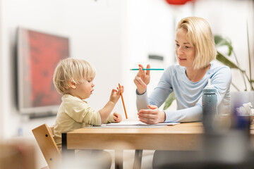 Caring young Caucasian mother and small son drawing painting in notebook at home together. Loving...