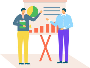 Two men discussing business data on presentation chart. Office workers analyzing sales graph and reports. Presentation and discussion in meeting vector illustration.