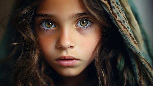 Portrait rapproch&eacute; d'une jeune fille aux traits frappants et &agrave; la chevelure boucl&eacute;e
