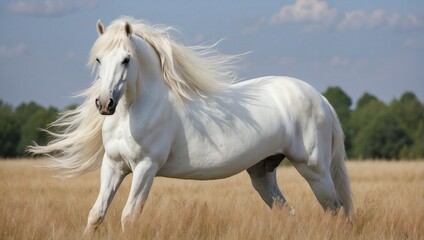 Obraz na płótnie Canvas Magnificent White Horse Standing in the Field, Its Manes Blown with the Wind