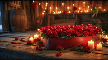 Ambiance romantique: Roses rouges, bougies allumées, soirée d'amour éclairée - obrazy, fototapety, plakaty
