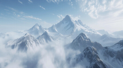 Snowy mountains panorama, An aerial view of a snow-covered mountain range with jagged peaks and...