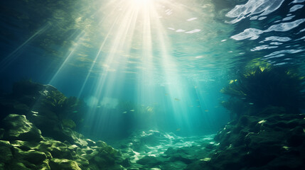 Fototapeta na wymiar underwater view of the world, Split underwater view with sunny sky and serene sea, Underwater photo of scenery with sunlight and beams underwater, Ai generated image 